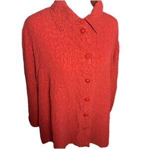 VTG URU Red 100% Silk Floral Jacquard Art-to-Wear Tunic Button Up Top Lagenlook